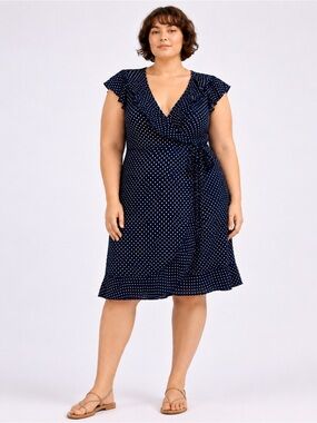 Susie Rose Women’s Navy Polka Dot Wrap Dress XXL 19 Ruffle Flutter Sleeve Midi